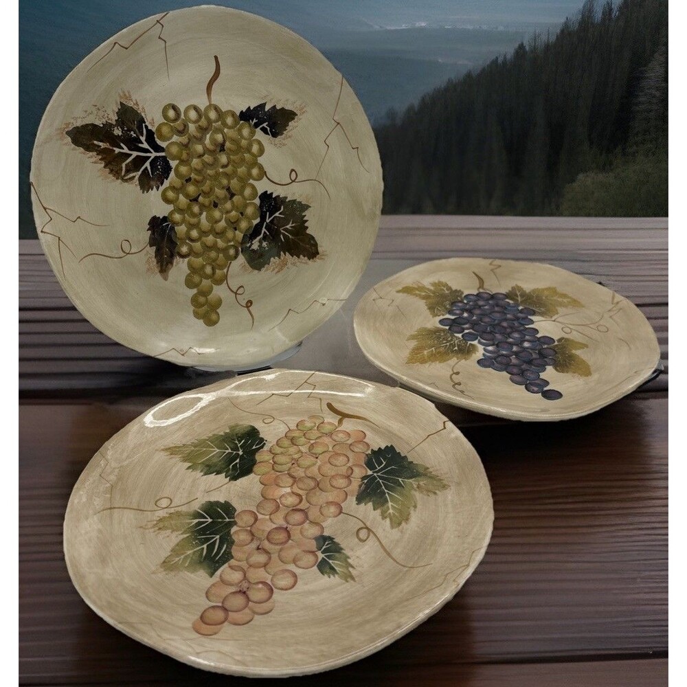 Set of 3 - CABERNET Tabletops Unlimited Hand Painted GRAPE  Salad Plates 8.5”